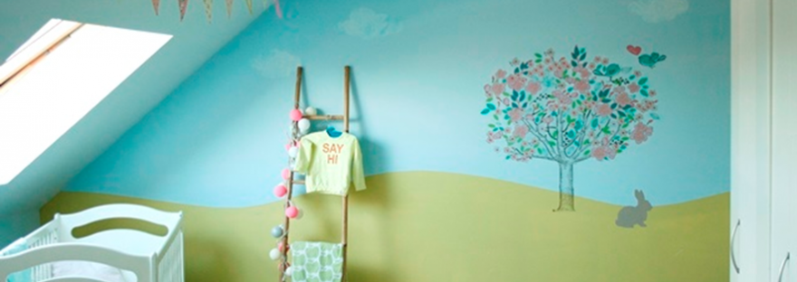 Babygirls nursery in pastels - tree wallsticker - bunting - cotton ball lights - ladder
