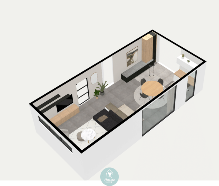 Interieurontwerp modern, wit, grijs, zwart, beige, hout