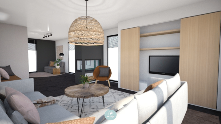 Interieurontwerp Warm modern, wit, grijs, zwart, cognac