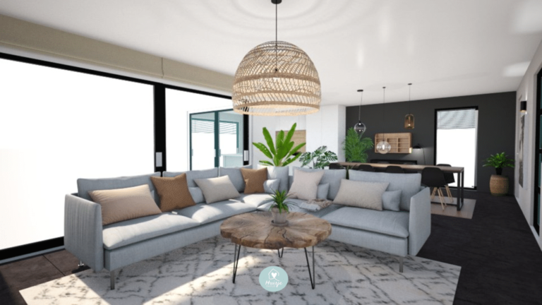 Interieurontwerp Warm modern, wit, grijs, zwart, cognac