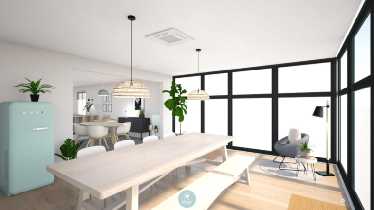 Interieurontwerp Scandinavisch, wit, hout, mintgroen