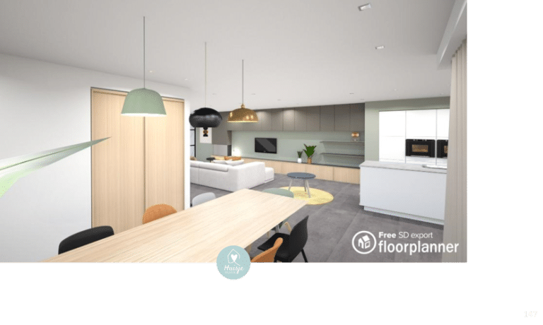 interieurontwerp 3D: Modern, industrieel, Scandinavisch, groen, geel