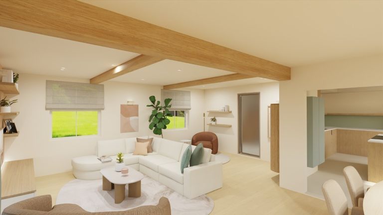 INTERIEURONTWERP MUIZEN ZITHOEK MET AFGERONDE ZETEL SCANDINAVISCH LICHT NATUREL GROEN EN TERRA NATUURLIJKE MATERIALEN