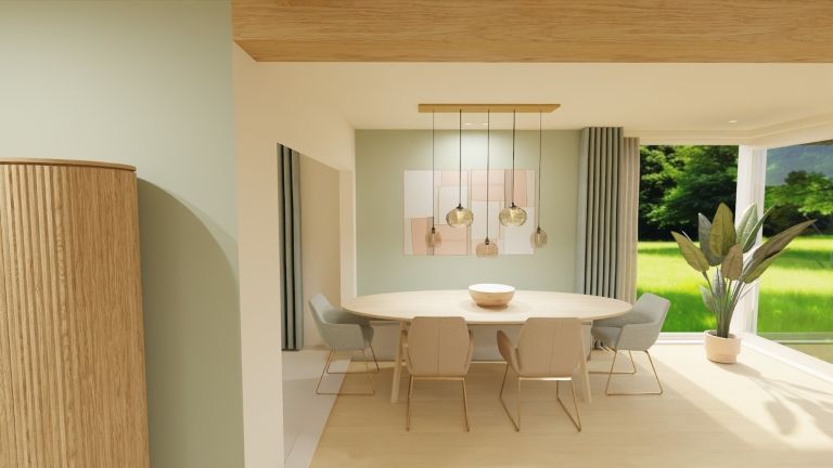 INTERIEURONTWERP MUIZEN GROENE EETHOEK MET ZIT_ EN OPBERGBANK SCANDINAVISCH LICHT NATUREL GROEN EN TERRA NATUURLIJKE MATERIALEN