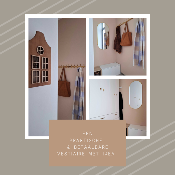 Inkomhal inrichten: witte maatkast, Ikea + gouden kapstok + spiegel gouden rand, houten sleutelkastje