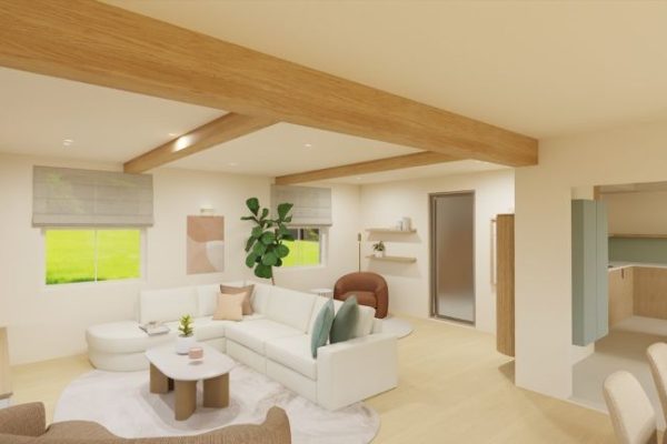 INTERIEURONTWERP MUIZEN ZITHOEK MET AFGERONDE ZETEL SCANDINAVISCH LICHT NATUREL GROEN EN TERRA NATUURLIJKE MATERIALEN