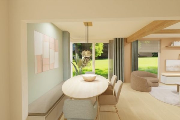 INTERIEURONTWERP MUIZEN GROENE EETHOEK MET ZIT_ EN OPBERGBANK SCANDINAVISCH LICHT NATUREL GROEN EN TERRA NATUURLIJKE MATERIALEN