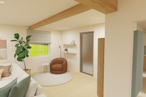 INTERIEURONTWERP MUIZEN LEESHOEK MET GEZELLIGE FAUTEUIL SCANDINAVISCH LICHT NATUREL GROEN EN TERRA NATUURLIJKE MATERIALEN