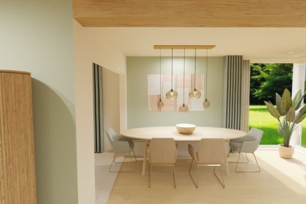 INTERIEURONTWERP MUIZEN GROENE EETHOEK MET ZIT_ EN OPBERGBANK SCANDINAVISCH LICHT NATUREL GROEN EN TERRA NATUURLIJKE MATERIALEN