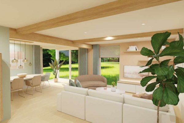 INTERIEURONTWERP MUIZEN GROENE ZITHOEK MET EXTRA RAAM EN CHAISE LONGUE MET ZICHT OP DE TUIN SCANDINAVISCH LICHT NATUREL GROEN EN TERRA NATUURLIJKE MATERIALEN