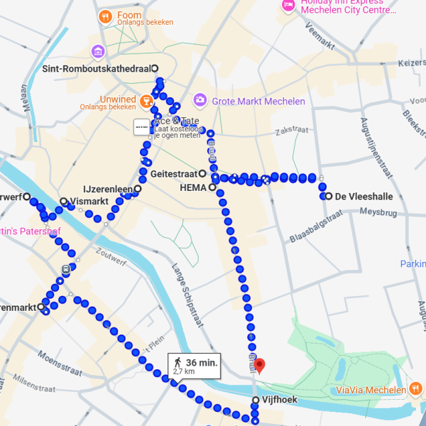 Google Maps kaart met Shoppingroute Mechelen te voet