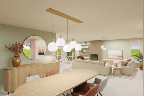 INTERIEURONTWERP SCHIPLAKEN GROENE EETHOEK SCANDINAVISCH HOUT GROEN EN TERRA