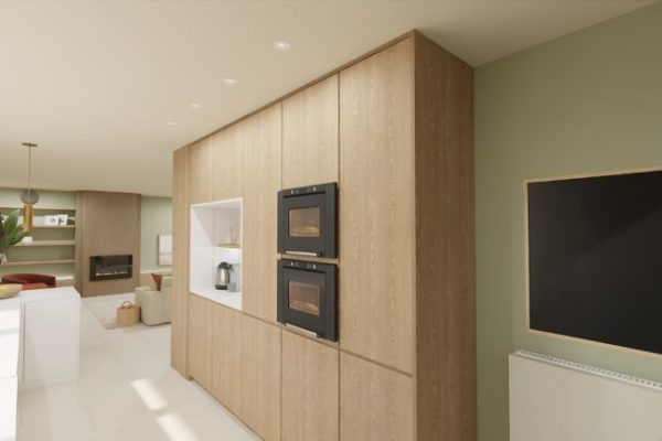 NTERIEURONTWERP SCHIPLAKEN MODERNE KEUKEN IN HOUT MET KOFFIENIS SCANDINAVISCH HOUT GROEN EN TERRA