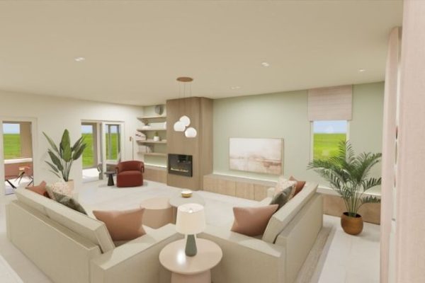 NTERIEURONTWERP SCHIPLAKEN KNUSSE ZITHOEK MET GEZELLIGE LEESHOEK AAN DE HAARD SCANDINAVISCH HOUT GROEN EN TERRA