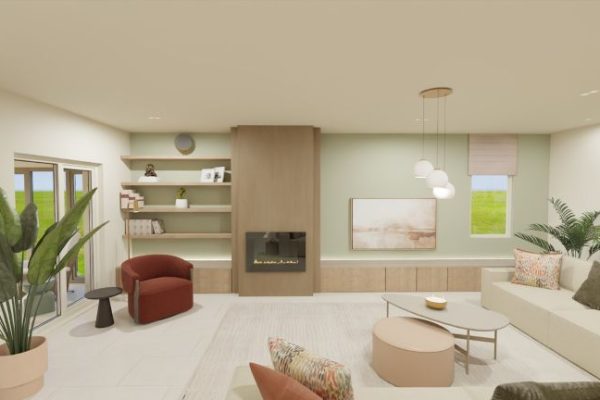 NTERIEURONTWERP SCHIPLAKEN KNUSSE ZITHOEK MET GEZELLIGE LEESHOEK AAN DE HAARD SCANDINAVISCH HOUT GROEN EN TERRA